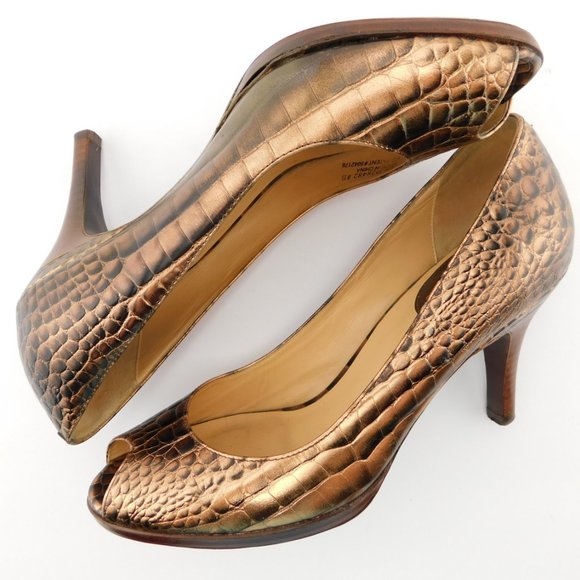 COLE HAAN Nike Air Copper Metallic Leather Croc Open Toe Heel Pumps 8 - Picture 4 of 8